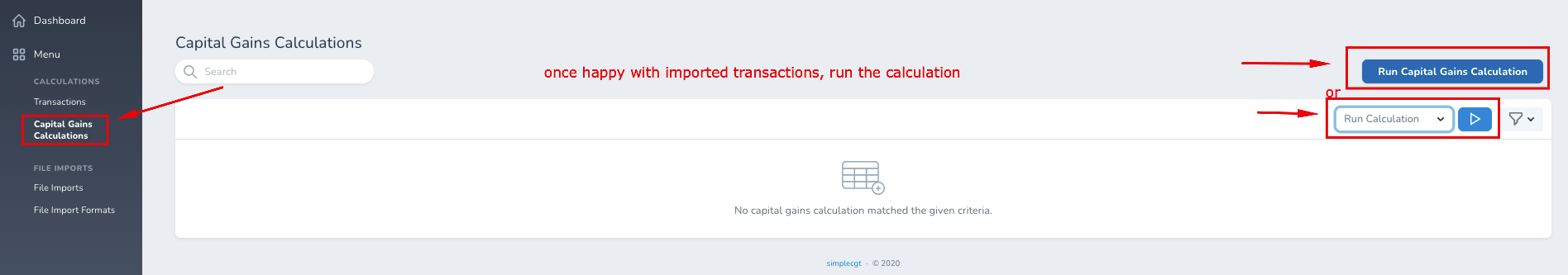 Run Capital Gains Calculation
